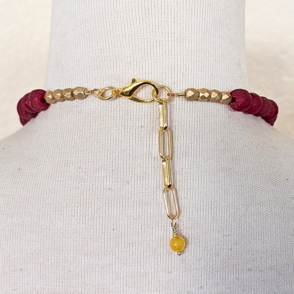 Boho Burgundy, Orange & Mustard Yellow Recycled Glass Batik Statement Necklace - Picture 3 of 3